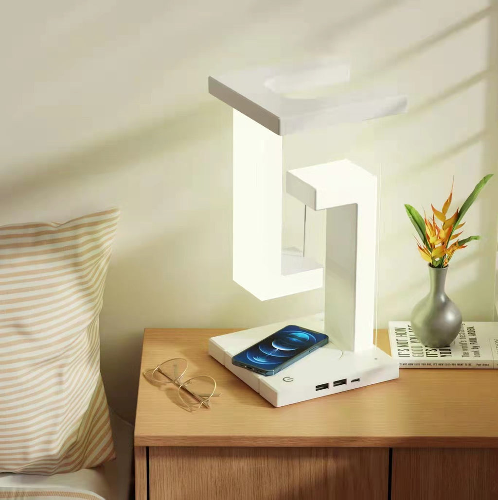 Levitating Gravity-Defying Desk Lamp with Integrated Wireless Charger
