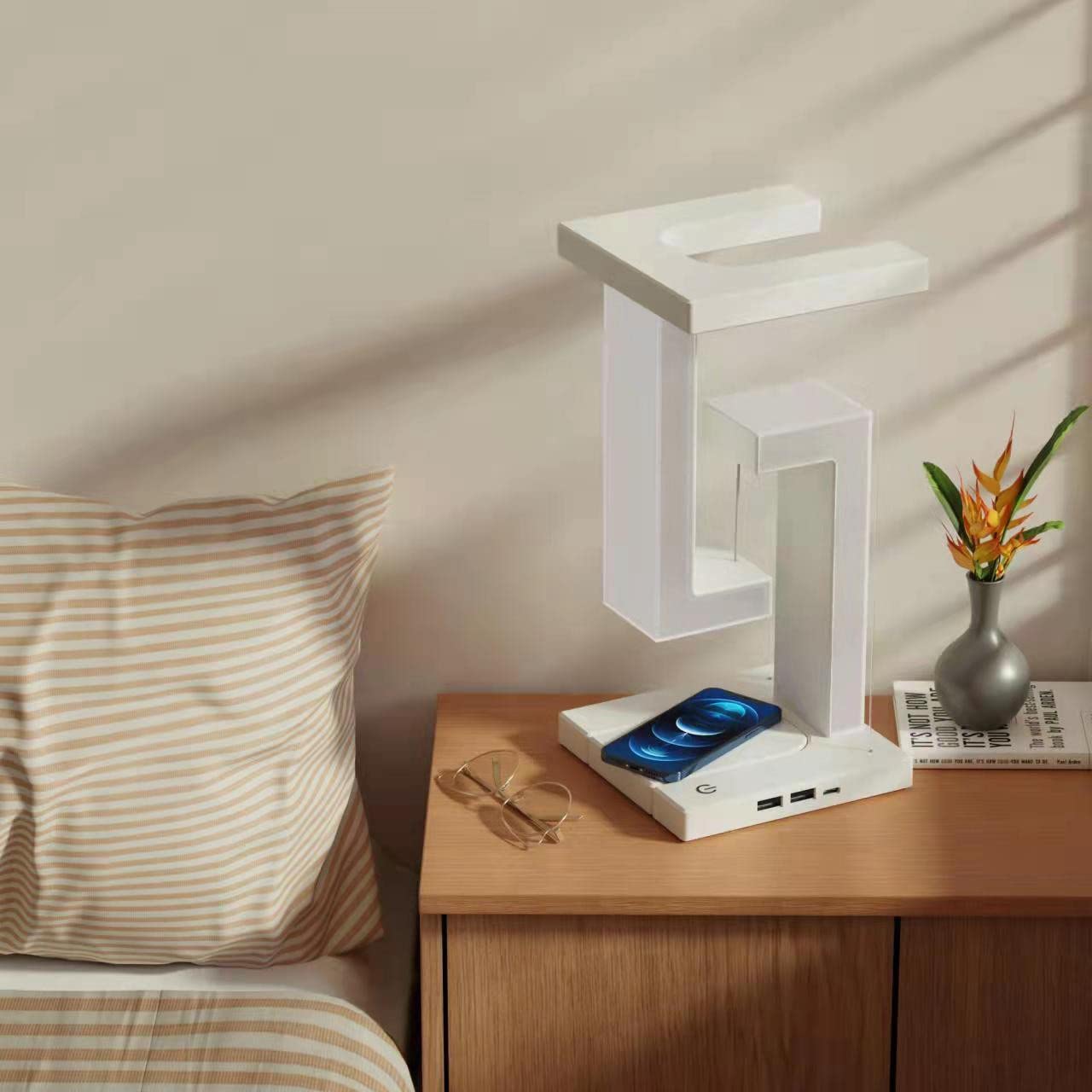 Levitating Gravity-Defying Desk Lamp with Integrated Wireless Charger